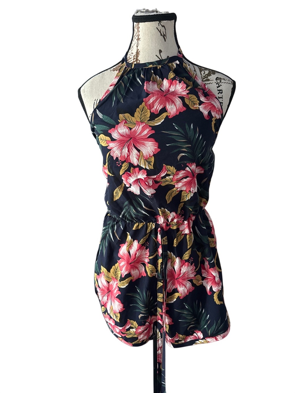 Floral Halter Neck Romper in Navy with Pink Hibiscus, size XS